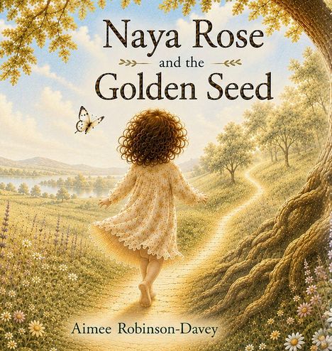 "Naya Rose and the Golden Seed" von Aimee Robinson-Davey. Ein Mädchen in einem Kleid folgt einem Pfad durch die Natur.