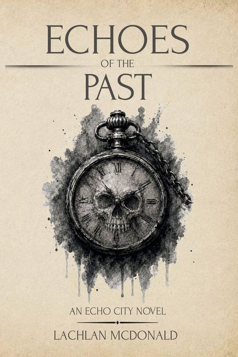 "Echoes of the Past" und "AN ECHO CITY NOVEL LACHLAN MCDONALD". Illustration einer alten Taschenuhr mit Totenkopf.