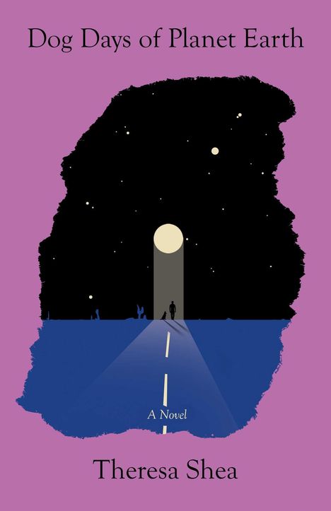 "Dog Days of Planet Earth" in Schwarz auf Lila. Dunkler Himmel mit Mond, ein Mensch und Hund auf Straße im Lichtkegel.