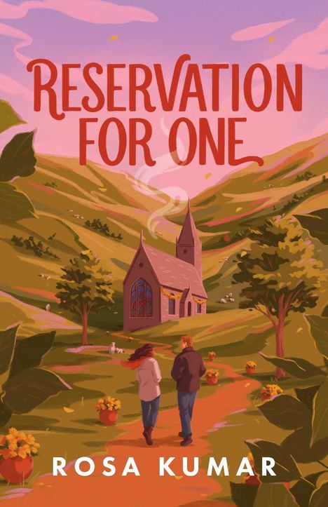 "RESERVATION FOR ONE" und "ROSA KUMAR". Illustration: Zwei Menschen gehen einen Weg entlang in hügeliger Landschaft zu einer Kirche.