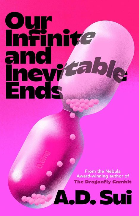 "Our Infinite and Inevitable Ends" von A.D. Sui. Rosa Sanduhrkapsel mit kleinen Kugeln auf rosa Hintergrund.