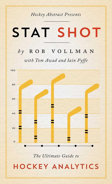 „Hockey Abstract Presents STAT SHOT by Rob Vollman with Tom Awad and Iain Fyffe. The Ultimate Guide to Hockey Analytics.“  
Illustration mit gelben Hockeyschlägern als Diagrammbalken.