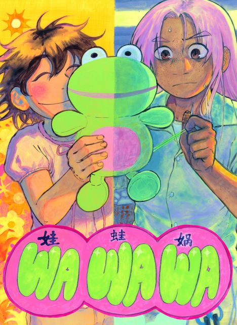 Text: WA WA WA. Zwei Figuren mit einem großen, grünen Frosch-Plüschtier. Links fröhlich, rechts überrascht. Illustration.