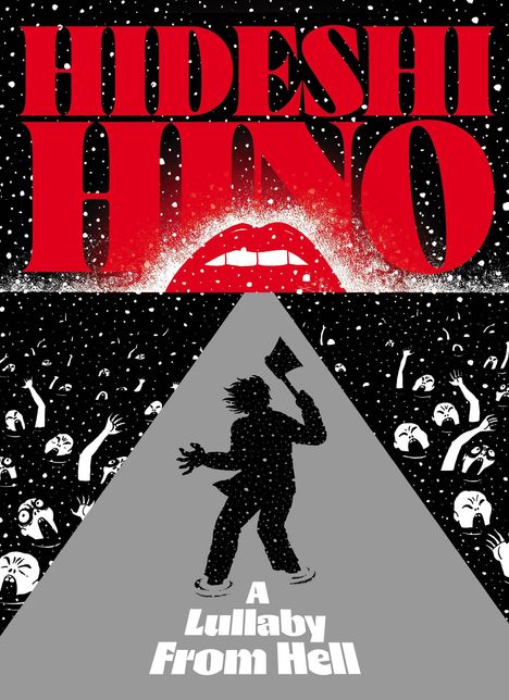 „Hideshi Hino“ in Rot, „A Lullaby From Hell“ in Weiß. Silhouette mit Axt, schreiende Gesichter im Hintergrund. Illustrationsstil.