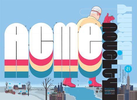 "ACME", "Library", bunte Buchstaben, riesiger Mann im Hintergrund, winterliche Stadtlandschaft unten.