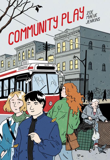 „Community Play“ in roter Schrift, „Zoe Maeve Jenkins“ klein daneben. Illustration von Menschen vor einer Straßenbahn.