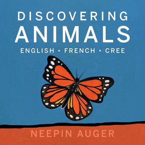 „DISCOVERING ANIMALS“ oberhalb eines Schmetterlings in Orange und Schwarz auf blauem Hintergrund.