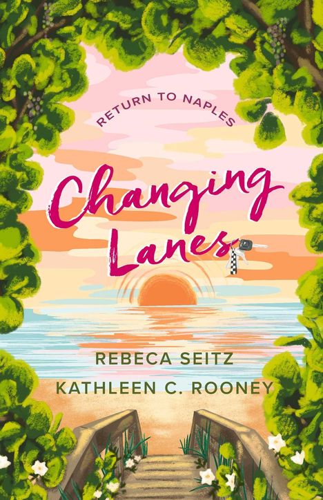 Titel: "Changing Lanes", Autoren: Rebeca Seitz, Kathleen C. Rooney. Pfad mit Blättern, Sonnenuntergang, Meer.