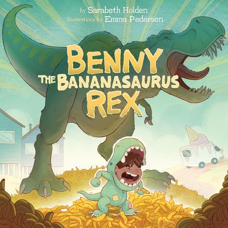 "Benny the Bananasaurus Rex" in großen Buchstaben. Illustration: Kind im Dino-Kostüm auf Bananen, mit Dinosaurier im Hintergrund.
