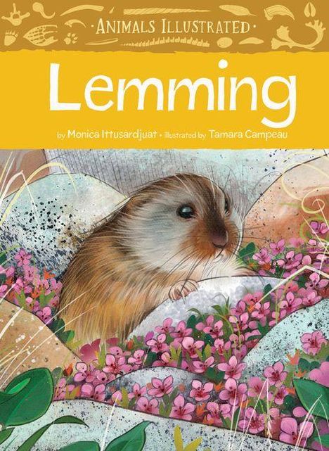 Oben: "Animals Illustrated", "Lemming". Unten: Ein Lemming sitzt in blühenden lila Blumen, Illustration.