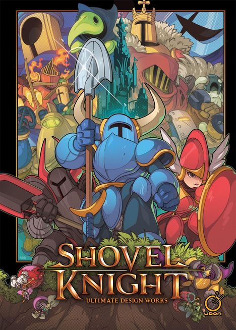 "Shovel Knight: Ultimate Design Works." Rüstungsträger mit Schaufel, bunte Ritter, mittelalterliches Setting, Illustration.