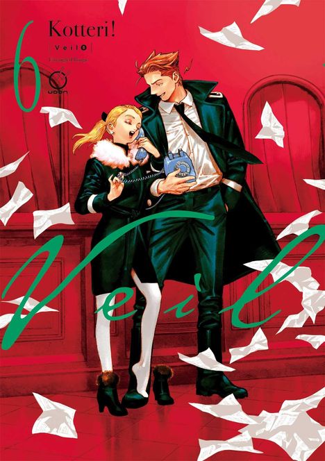 "6 Kotteri! Veil © undangan Begge Udon" in grüner und schwarzer Schrift. Illustrative Szene mit zwei Personen und flatternden Blättern.