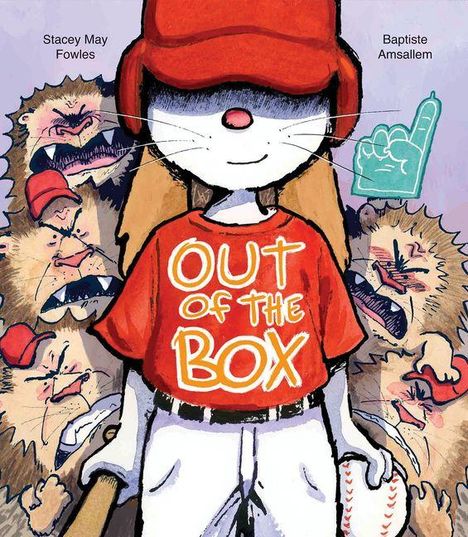 „OUT OF THE BOX“ steht auf dem roten Shirt eines Hasen in Baseballkleidung, umgeben von brüllenden Figuren.