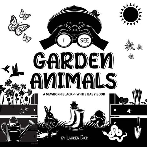 "I SEE GARDEN ANIMALS" oben, ein Kind schaut durch ein Fernglas. Unten Gartenszene: Gummistiefel, Eimer, Kaninchen, Pflanzen.