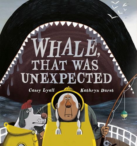 „WHALE, THAT WAS UNEXPECTED.“ Ein Mann und ein Hund in Regenkleidung auf einem Boot, vor einem riesigen Walmaul.