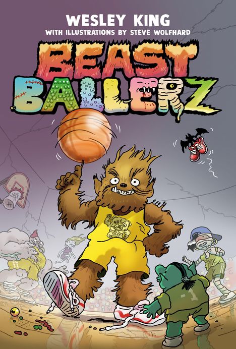 Titel "BEAST BALLERZ" in bunten, auffälligen Buchstaben. Ein zotteliges Monster im Basketball-Outfit dribbelt einen Ball.