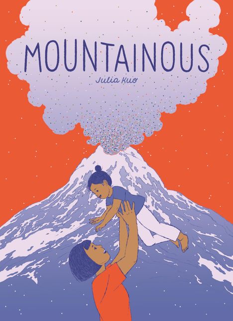 „Mountainous“ und „Julia Kuo“ stehen in Wolkenform über einem Vulkanausbruch, zwei Personen spielen fröhlich.