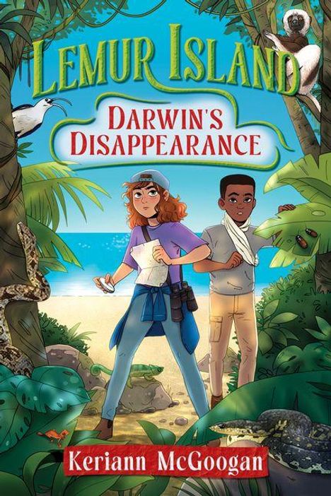 „Lemur Island: Darwin's Disappearance“ von Keriann McGoogan. Zwei Kinder in Dschungellandschaft, Lemuren und Schlangen umgeben sie.