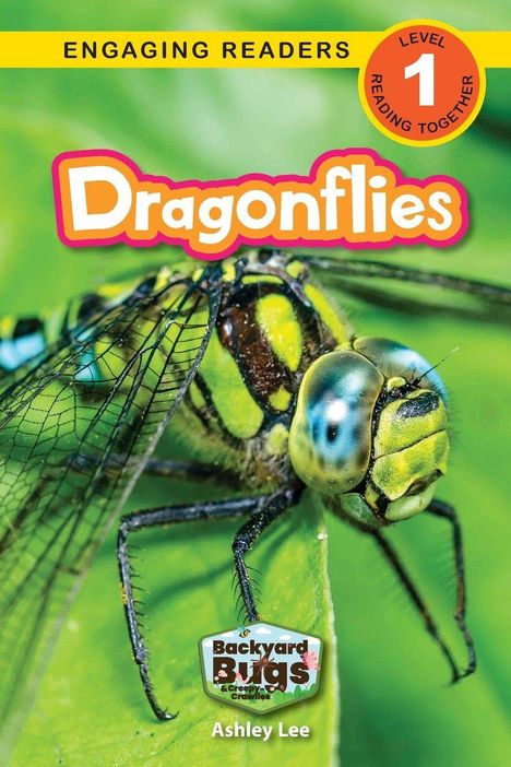 "Dragonflies" in großen Buchstaben. Nahaufnahme einer Libelle auf einem grünen Blatt.