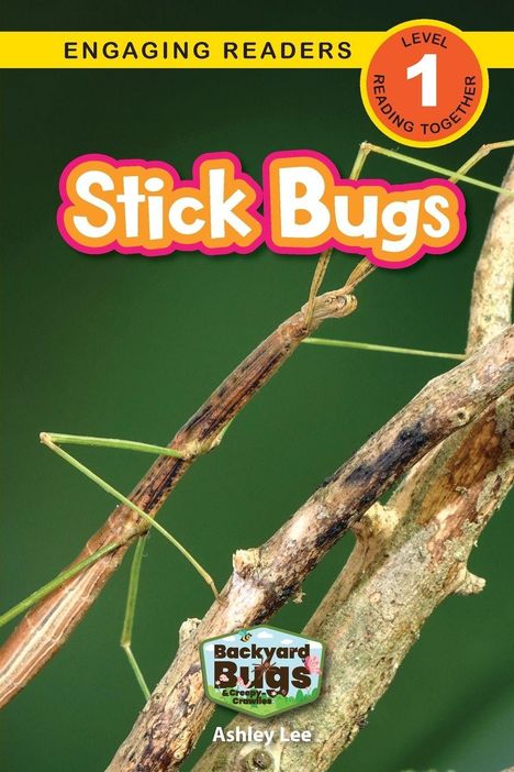 Titel: "Stick Bugs". Text: "Engaging Readers". Ein braunes Insekt ähnelt einem Zweig auf grünem Hintergrund.