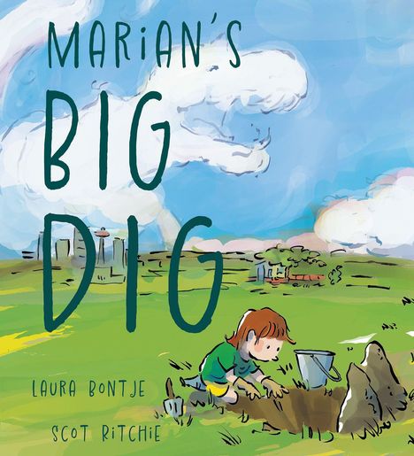 "Marian's Big Dig" steht im Vordergrund. Eine Illustration zeigt ein Kind, das in einem Feld gräbt.