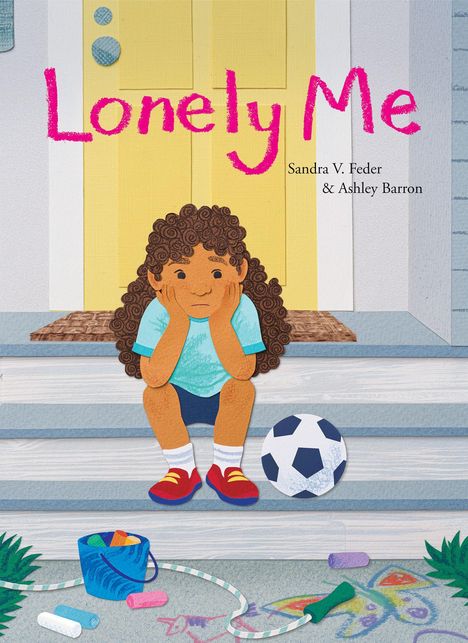 „Lonely Me“, Sandra V. Feder & Ashley Barron. Kind auf Treppe, Fußball, Kreidezeichnungen.