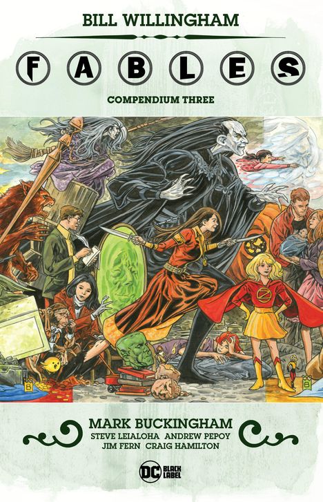 "Fables Compendium Three" von Bill Willingham zeigt viele bunte Fantasy-Charaktere in lebhafter Bewegung vorne drauf.