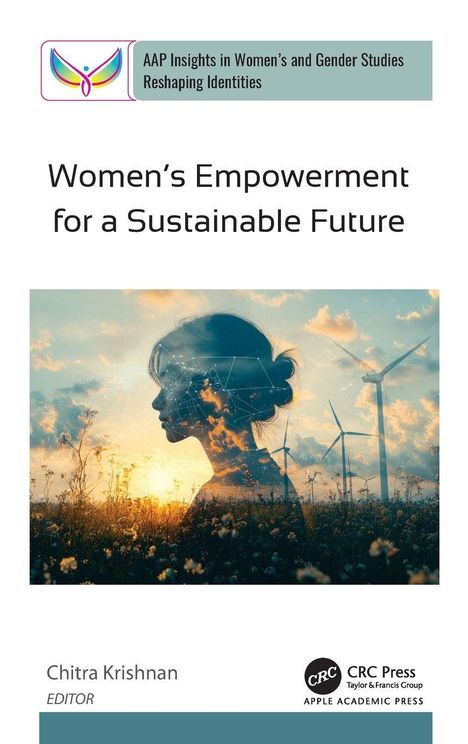 Titel: "Women's Empowerment for a Sustainable Future". Silhouette einer Frau im Feld mit Windrädern im Hintergrund.