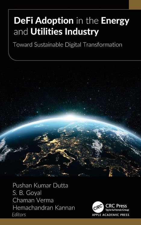 Buchtitel: "DeFi Adoption in the Energy and Utilities Industry". Globale Ansicht der Erde bei Nacht, Sterne am Himmel.