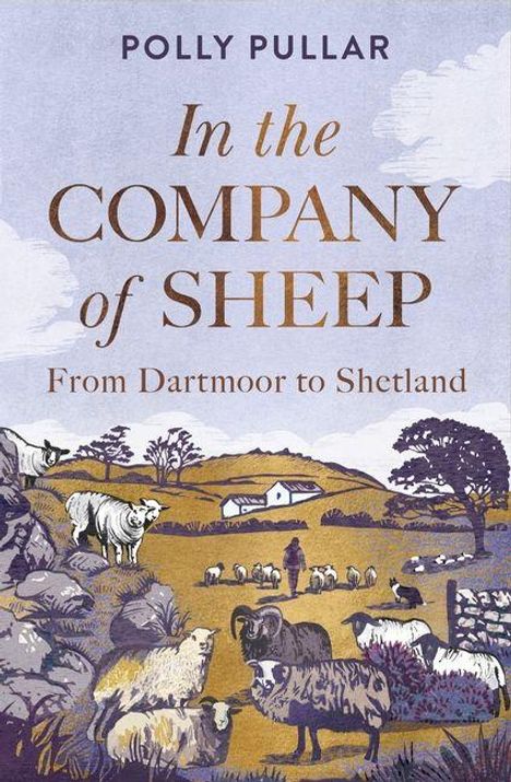 Buchtitel: "In the Company of Sheep". Eine Landschaft mit Schafen, Hügeln und einem Bauernhaus.
