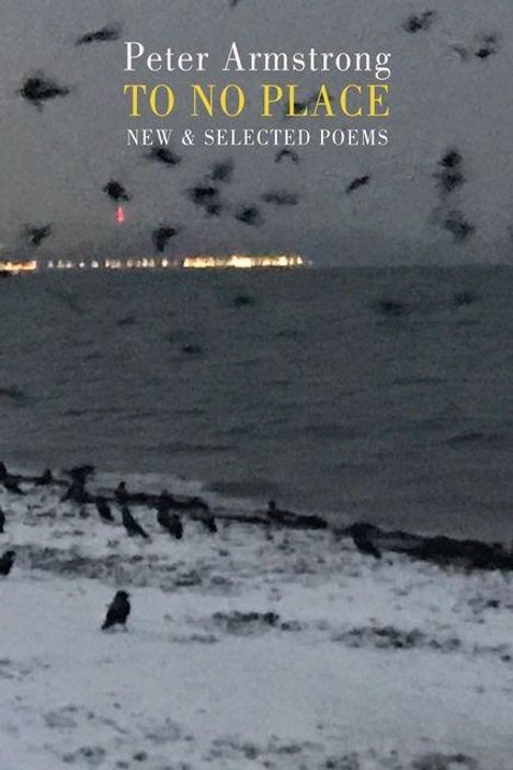 Text: "Peter Armstrong TO NO PLACE NEW & SELECTED POEMS". Ein verschneiter Strand mit Krähen und einem dunklen Meer im Hintergrund.
