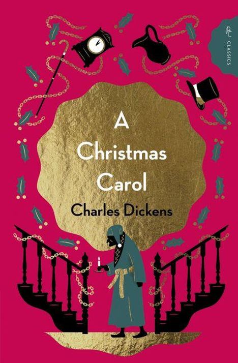 „A Christmas Carol“, Charles Dickens. Illustration mit Treppe, Ketten, Hut und Uhr. Person mit Kerze und Gehstock.