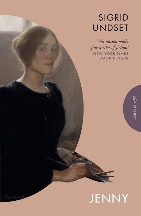 Text: Sigrid Undset, New York Times Book Review, Jenny. 
Frau mit dunklem Kleid in Gemälde hält Palette und Pinsel.