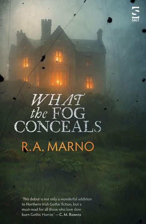 "What the Fog Conceals" von R. A. Marno. Nebliges, düsteres Herrenhaus mit erleuchteten Fenstern im Hintergrund.