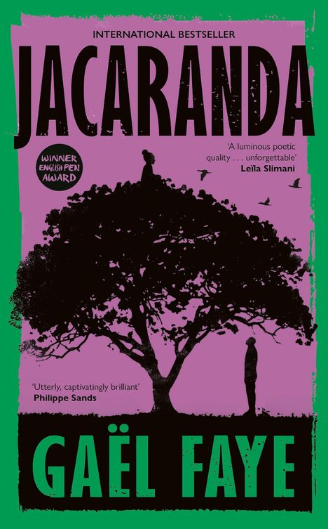 "JACARANDA" und "GAËL FAYE" in großen Buchstaben. Silhouetten von Menschen auf und neben einem Baum, lila Hintergrund.