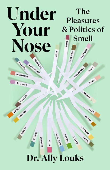 Text: "Under Your Nose" und "The Pleasures & Politics of Smell" von Dr. Ally Louks. Bild von Teststreifen mit Geruchsbezeichnungen.