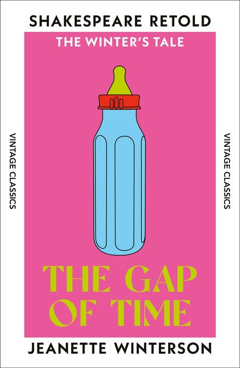 "The Gap of Time" von Jeanette Winterson. Illustration: blaue Babyflasche auf pinkem Hintergrund.