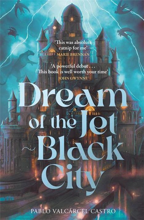 „Dream of the Jet Black City“ von Pablo Valcárcel Castro. Ein mystisches Schloss mit blauen Lichtern und fantasievollen Türmen.