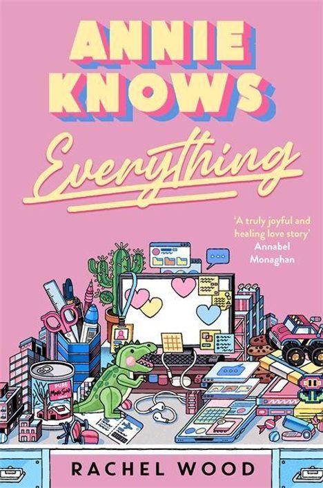 "Annie Knows Everything" und "Rachel Wood". Bunter Schreibtisch mit Pflanzen, Stiften, Papieren und einem Computerbildschirm.
