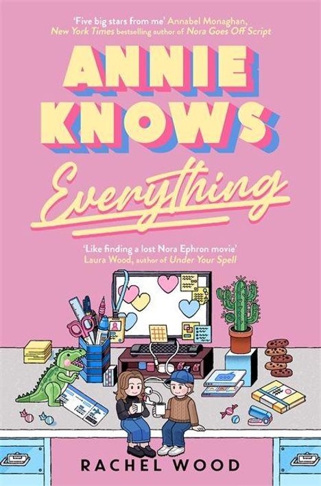 "Annie Knows Everything" in farbenfrohen Buchstaben. Darunter zwei Figuren an einem Schreibtisch voller kleiner Gegenstände.