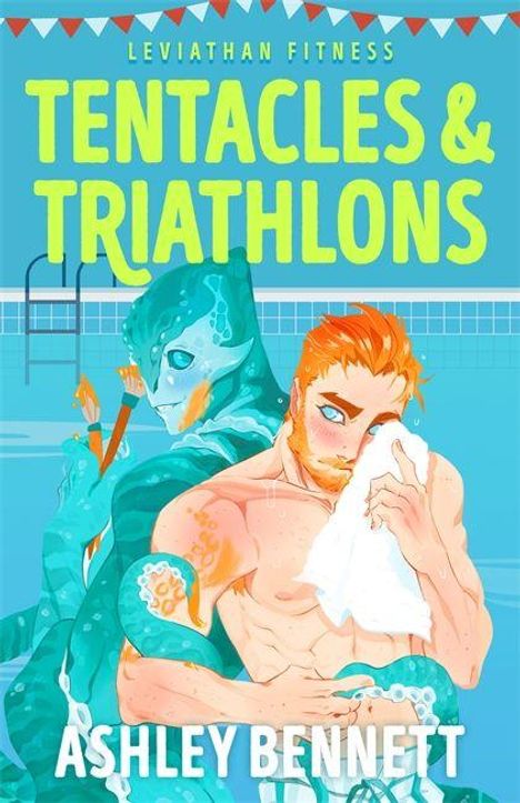 "Leviathan Fitness: Tentacles & Triathlons" von Ashley Bennett. Zwei Figuren: Ein Oktopus-ähnliches Wesen hält einen Mann am Pool.