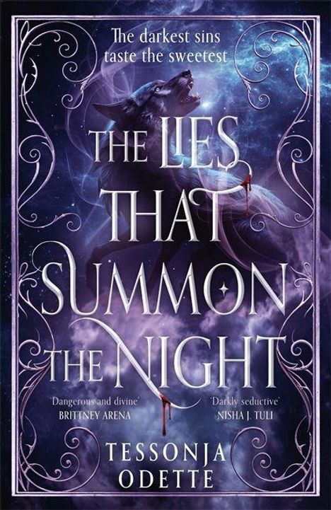 „The Lies That Summon the Night“ von Tessonja Odette. Dunkles, mystisches Cover mit einem heulenden Wolf und lila Tönen.