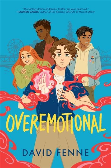 „OVEREMOTIONAL“ und „DAVID FENNE“. Illustration mit vier Jugendlichen, farbenfrohem Hintergrund und roten Wirbeln.
