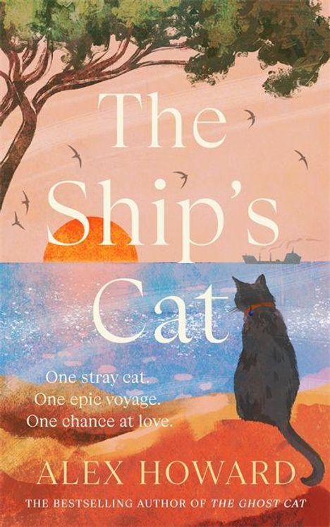 "The Ship’s Cat" von Alex Howard. Eine Katze schaut auf das Meer bei Sonnenuntergang. Ein Baum und fliegende Vögel sind sichtbar.