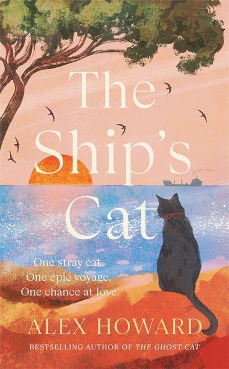 „The Ship's Cat“: Ein schwarz-grauer Katze schaut aufs Meer. Ein Baum im Vordergrund, Sonnenuntergang im Hintergrund.