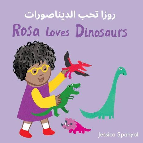 "Rosa loves Dinosaurs" steht auf violettem Hintergrund. Illustration eines Kindes mit Dinosaurier-Spielzeugen.