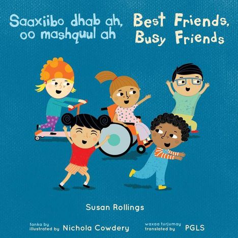 „Best Friends, Busy Friends“ – Illustration mit fünf fröhlichen Kindern, eines nutzt einen Rollstuhl.