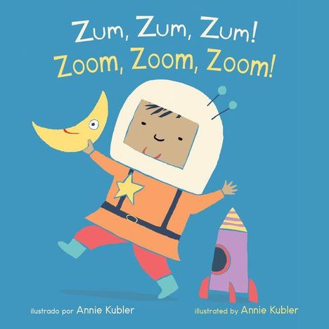 „Zum, Zum, Zum! Zoom, Zoom, Zoom!“ Ein Kind im Astronautenkostüm hält einen gelben Mond, neben ihm steht eine Rakete.