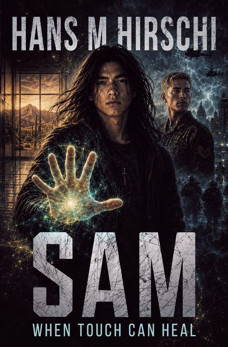 Titel: "SAM", Autor: Hans M. Hirschi, Untertitel: "When Touch Can Heal". Zwei Personen, eine hält die Hand leuchtend nach vorne.