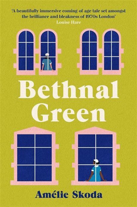 'A beautifully immersive coming of age tale...' in lila Schrift. 'Bethnal Green', 'Amélie Skoda'. Illustration: Fenster und Figuren.